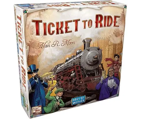 Pudełko gry planszowej Ticket to Ride, z ilustracją vintage pociągu, to popularna gra strategiczna o kolei.