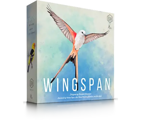 Pudełko gry planszowej Wingspan zdobi ilustracja ptaka, a gra polega na budowaniu mechanizmu gry o tematyce przyrodniczej.